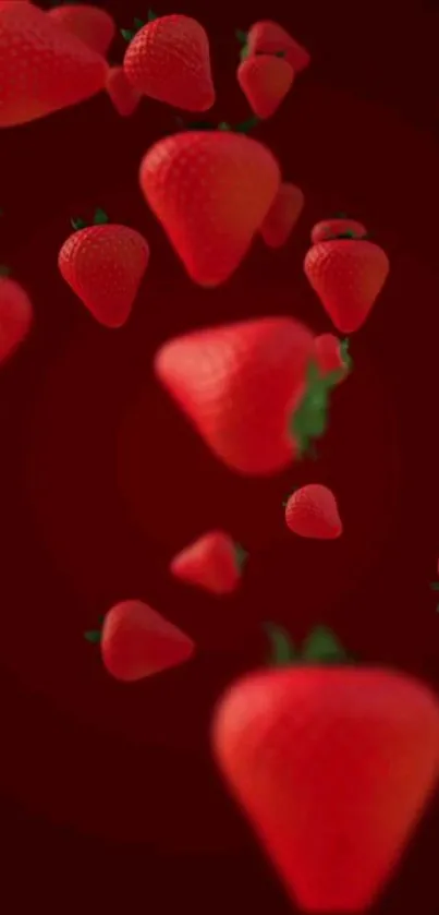 Vibrant wallpaper of floating strawberries on dark red background.