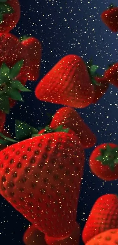 Floating strawberries wallpaper with a starry night background.