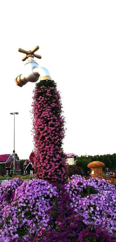 Floating tap illusion with purple flowers.