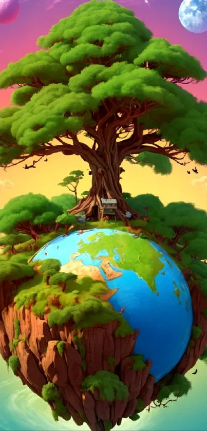 Floating Earth with a tree and colorful sky wallpaper.