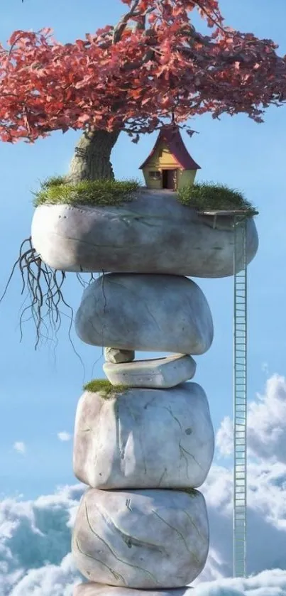 Fantasy treehouse over stones with blue sky backdrop.