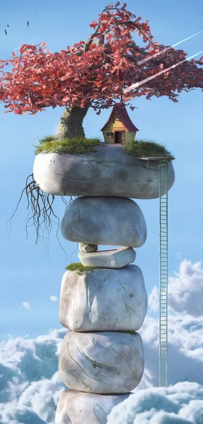 Whimsical treehouse sits atop stacked stones against a sky blue, clouded background.