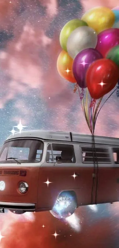 A van lifted by balloons floats in a dreamy sky.