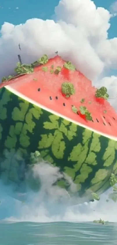 Surreal floating watermelon with clouds over water.