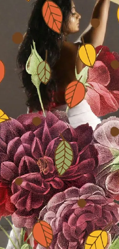 Vibrant floral art with autumn leaves.