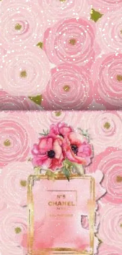 Elegant pink Chanel No. 5 wallpaper with floral design.