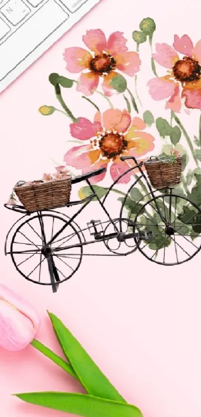 Floral and minimalist desktop wallpaper with pink background, flowers, and keyboard.