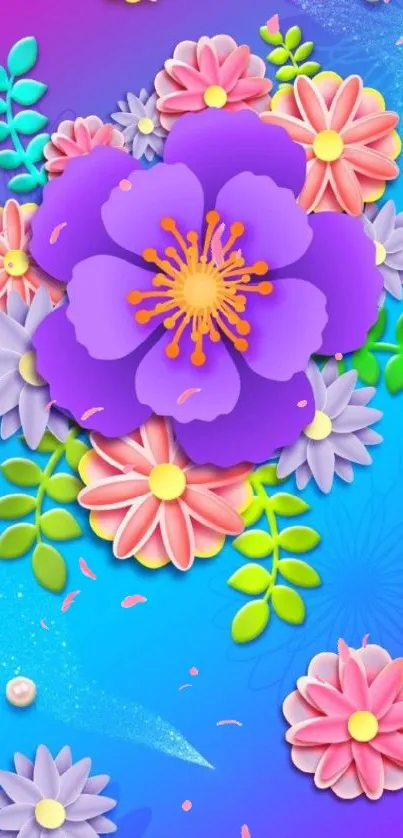 Vibrant 3D floral wallpaper with purple flowers.