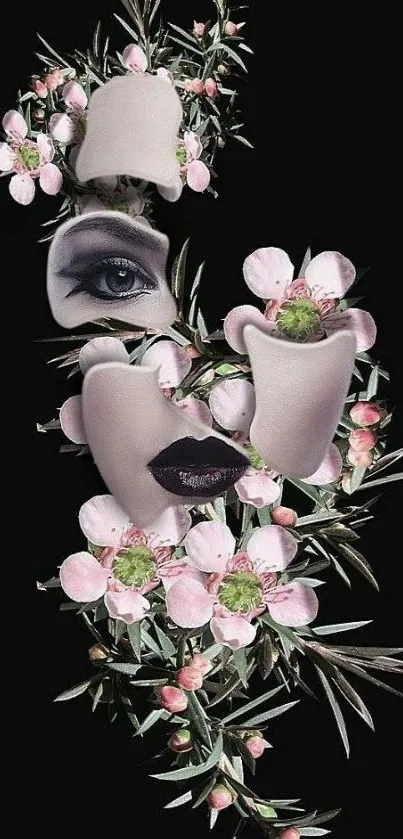 Surreal face with flowers on dark background.