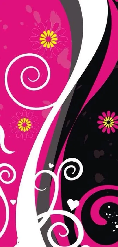 Pink and black abstract floral wallpaper with swirls and flowers.