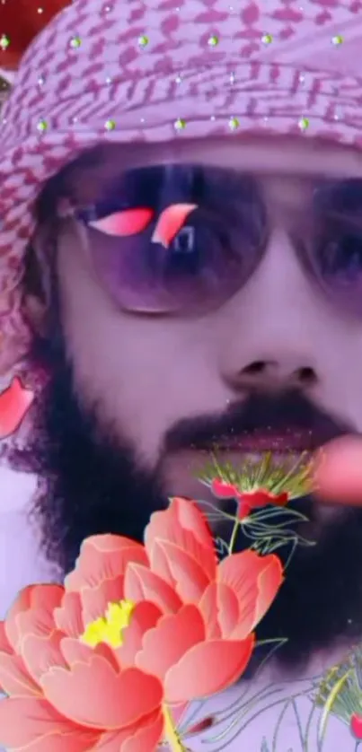 Stylized portrait with vibrant floral elements.