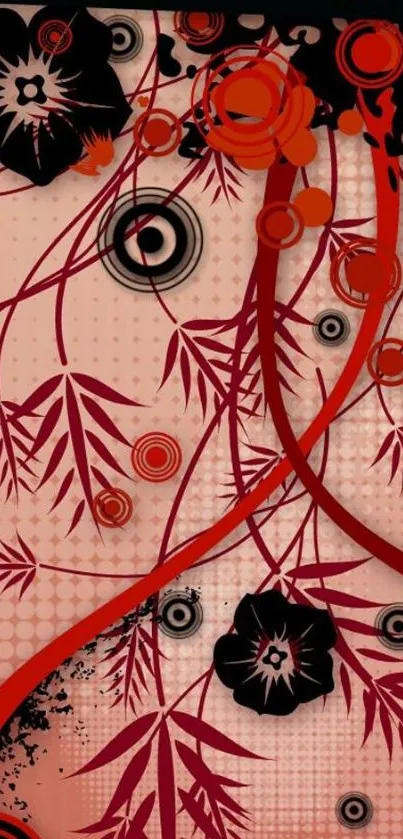 Abstract floral wallpaper in red and black with intricate patterns.