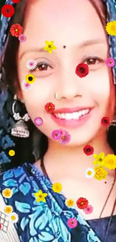 Woman's portrait with colorful floral adornments.