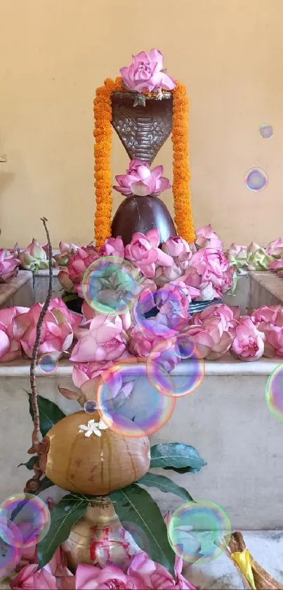 Sacred altar adorned with pink lotus flowers, offering peace and serenity.