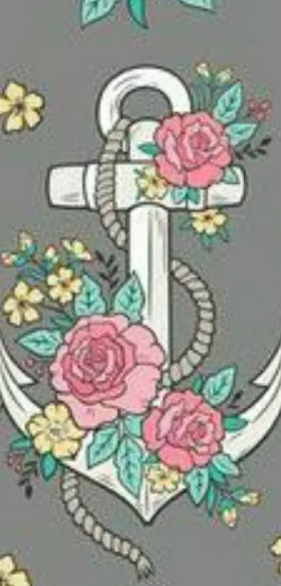 Gray anchor with pink flowers on wallpaper.