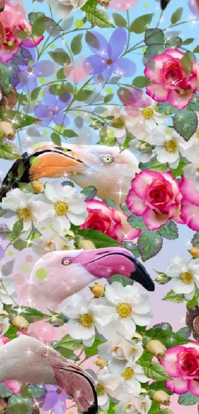 Vibrant wallpaper with flowers and birds, perfect for mobile screens.