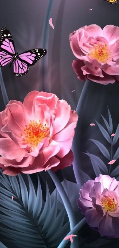 Pink roses and butterflies on a dark background mobile wallpaper.