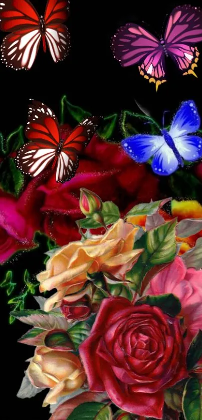 Colorful roses and butterflies on a black background wallpaper.