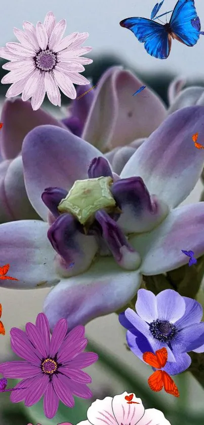 Purple flower with colorful butterflies on a serene nature background.