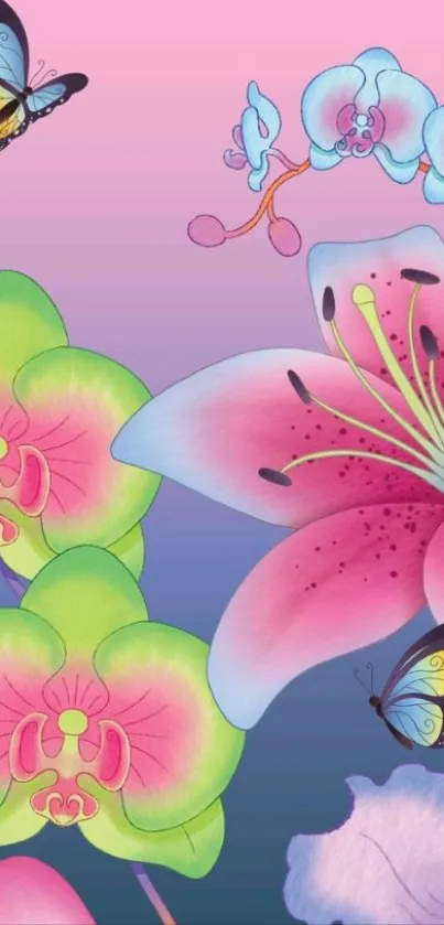 Colorful floral and butterfly wallpaper in pink and blue hues.