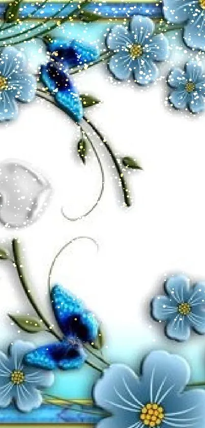 Blue floral and butterfly mobile wallpaper with soft white background.