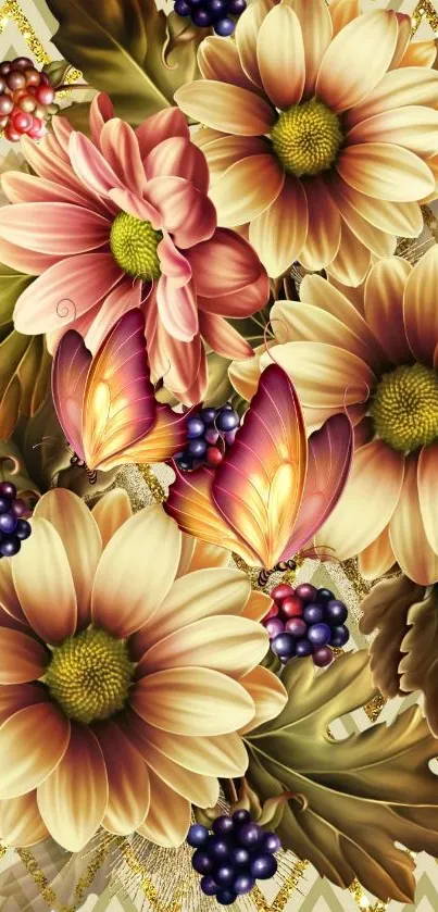 Floral and butterfly mobile wallpaper with warm colors.