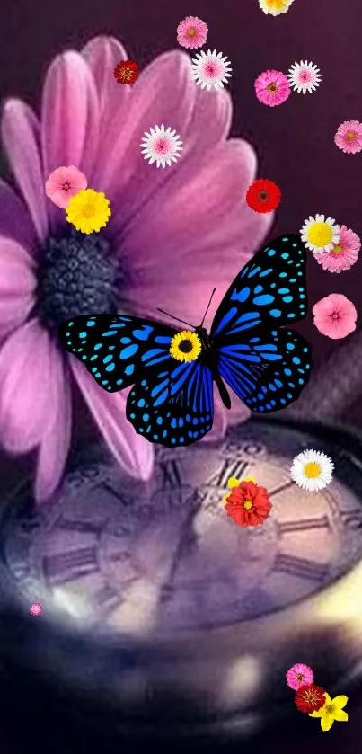 Purple flower and blue butterfly wallpaper with colorful accents.