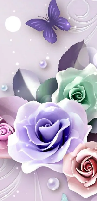 Elegant floral wallpaper with pastel roses and butterflies.