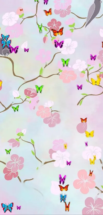 Cherry blossom and butterfly design wallpaper with pastel hues.