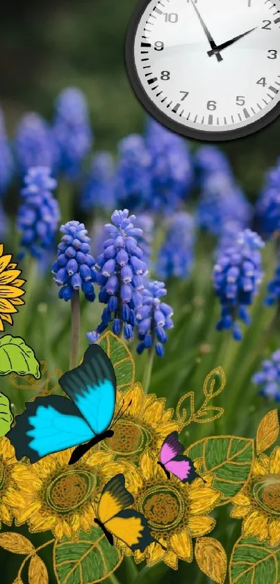 Blue flowers with butterflies and a clock on a vibrant mobile wallpaper.