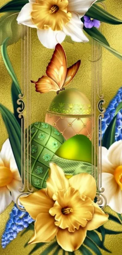 Golden wallpaper with flowers and eggs design.