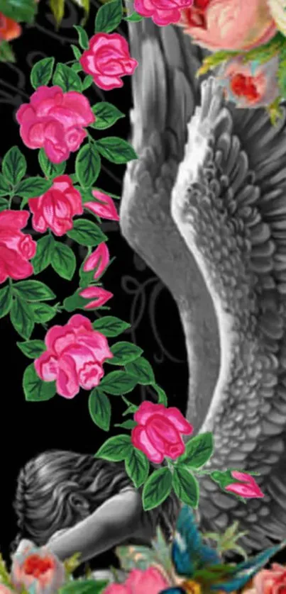 Angel wings with pink floral design on black background.