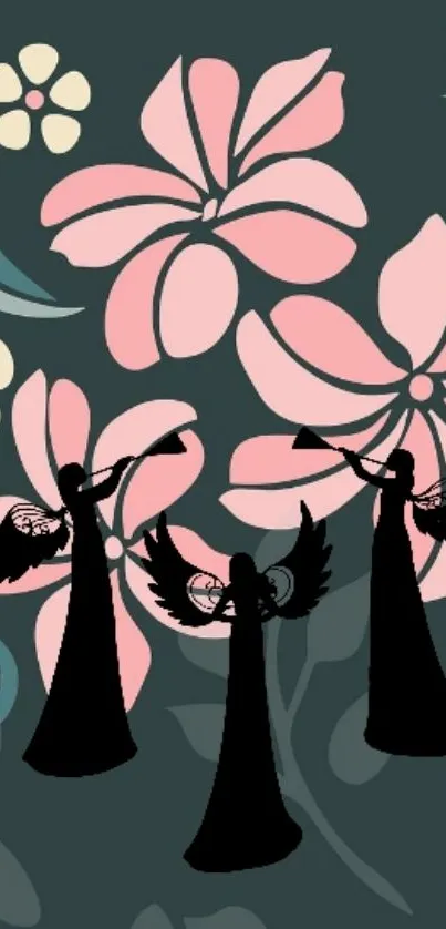 Artistic wallpaper with floral and angel silhouettes on dark green background.