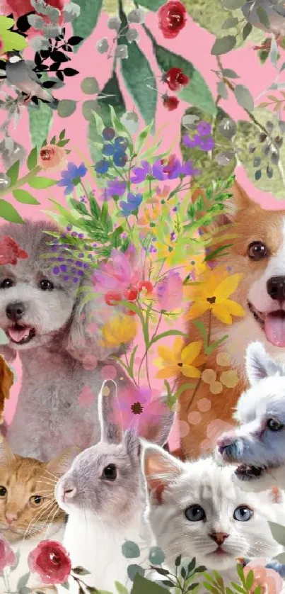 Colorful wallpaper with pets and floral design on a pink background.