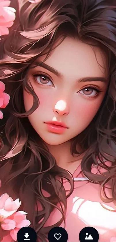 Anime girl among pink flowers portrait wallpaper.