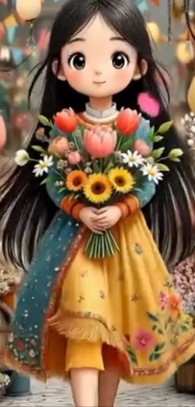 Anime girl holding bouquet in floral scene.