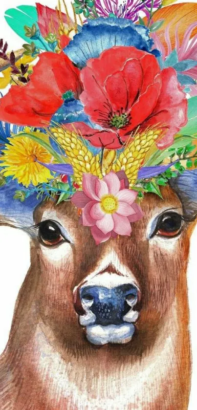 Deer with colorful floral antlers illustration.