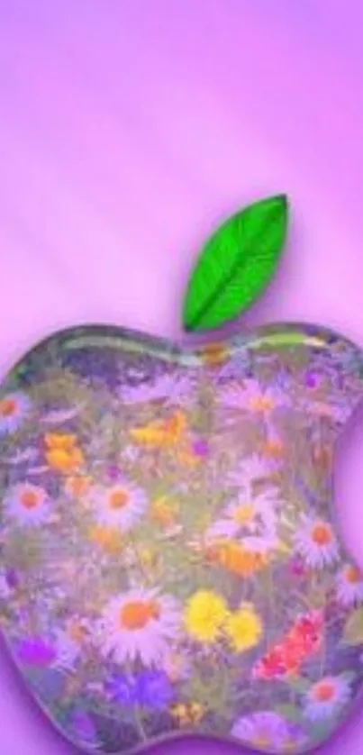 Apple logo with floral design on a purple background wallpaper.