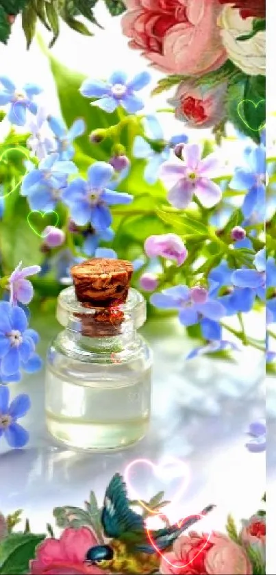 Floral wallpaper with blue blossoms and aroma bottle.