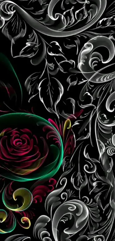 Intricate floral art design on black mobile wallpaper.