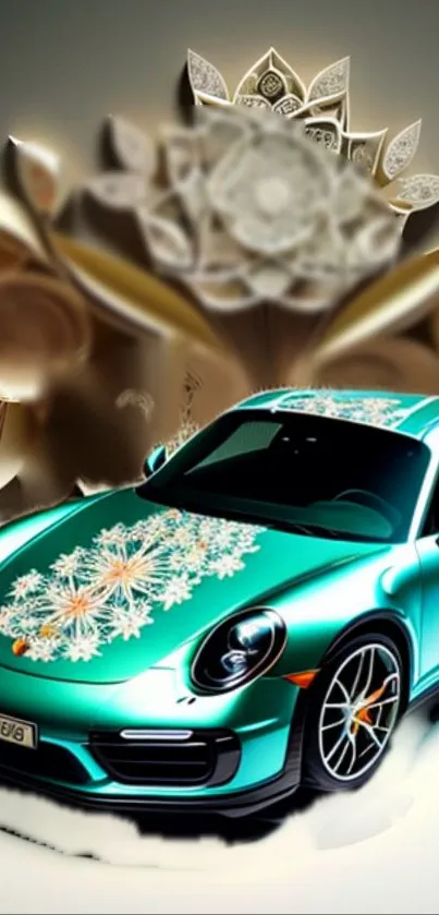 Green car with floral design on a decorative background.