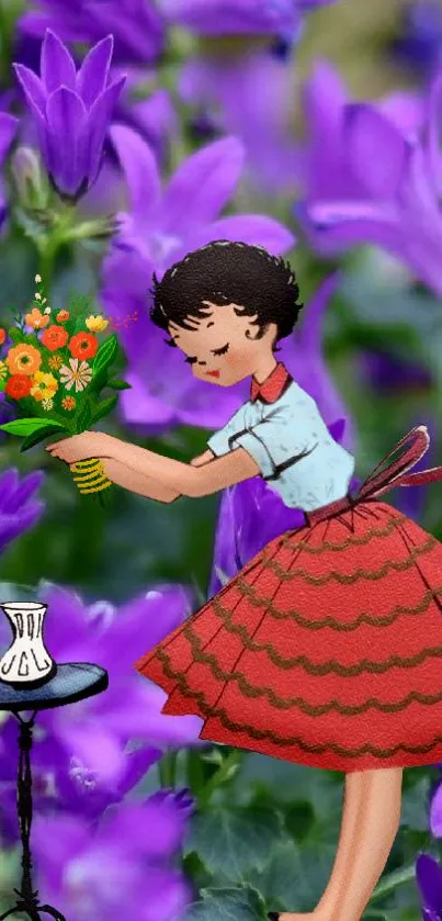 Cartoon girl with flowers against purple blossoms.