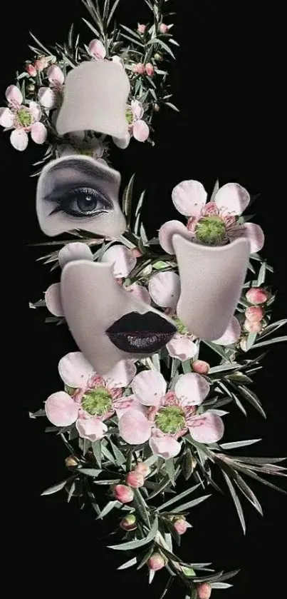 Artistic collage with pink flowers on black background.