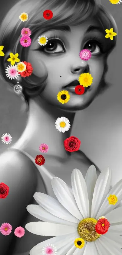 Artistic black and white woman with colorful flowers.