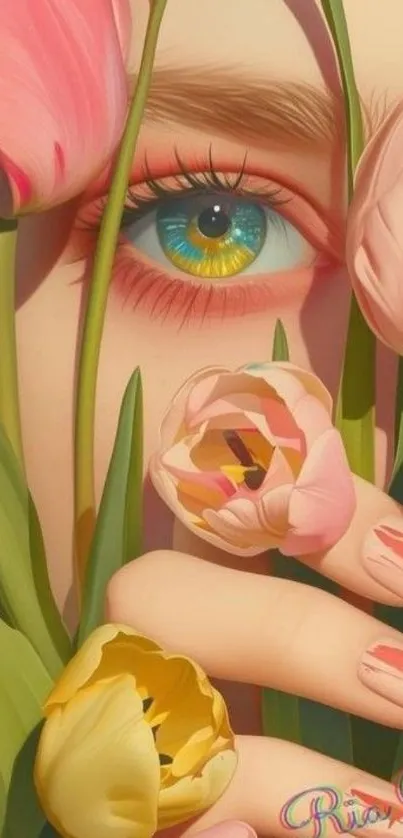 Floral eye design with tulips and vibrant colors, perfect for mobile wallpaper.