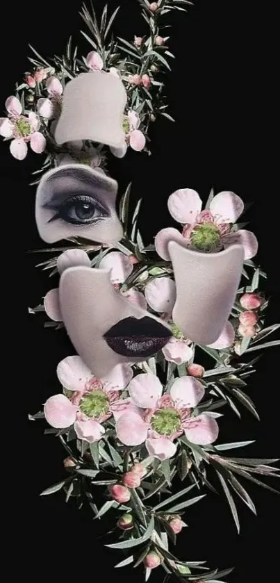 Abstract floral face art on a black background.