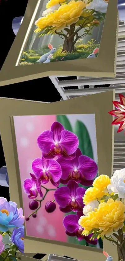 Elegant frames showcasing vibrant floral artwork with purple and yellow blooms.
