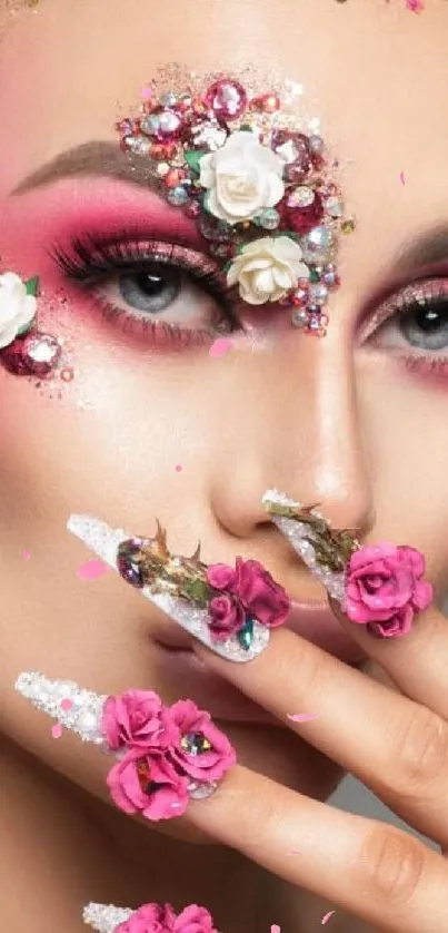 Floral art makeup with pink and white roses and crystals.