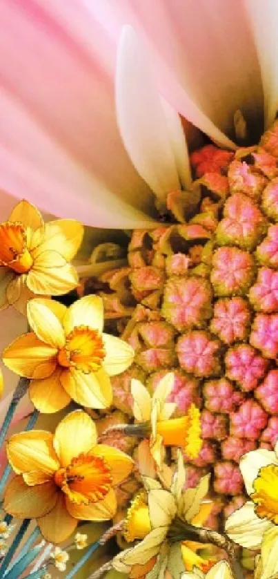 Vibrant floral mobile wallpaper with pink and yellow hues.