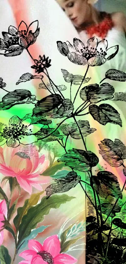 Artistic floral mobile wallpaper with vibrant abstract design and flowers.